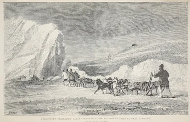 Il gruppo di viaggio di McClintock scopre i resti del Cairn a Cape Herschel, illustrazione da 